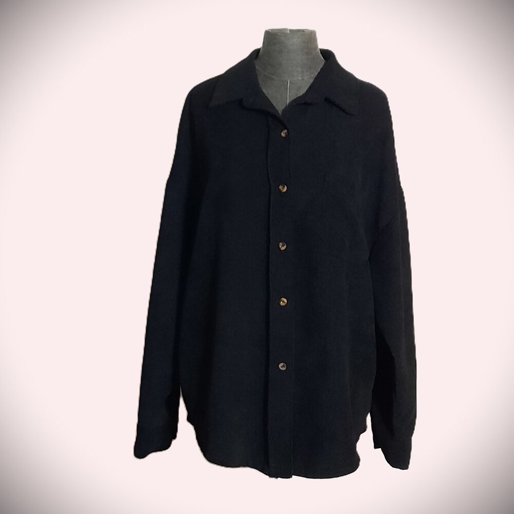 90s Y2K Black Oversized Boxy Corduroy Fine Wale Button Down Shirt Grunge Blouse